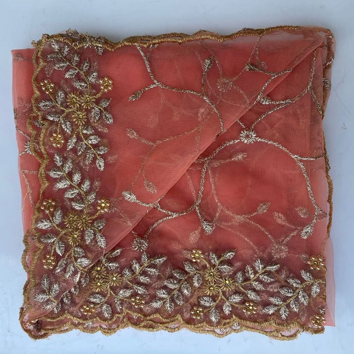 anokherang Dupattas Peach Green Shimmer Zari Embroided Net Dupatta