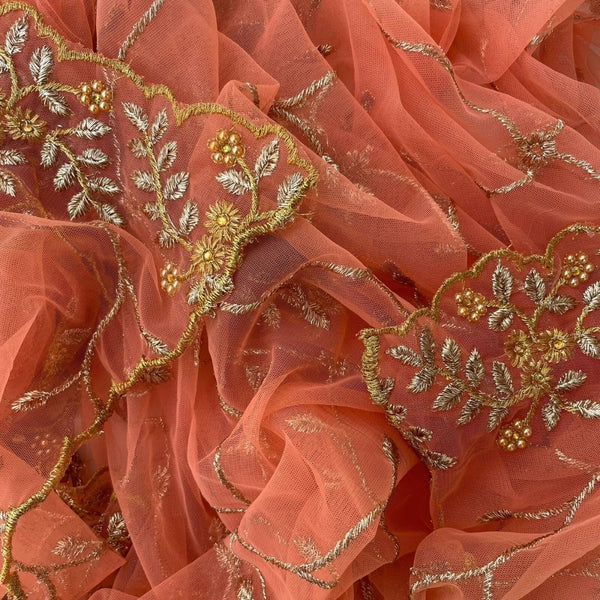 anokherang Dupattas Peach Green Shimmer Zari Embroided Net Dupatta