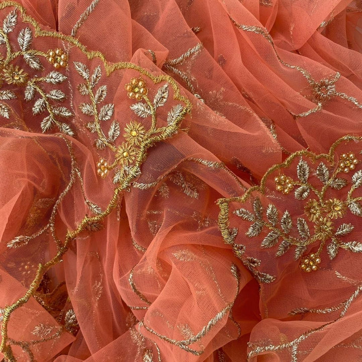 anokherang Dupattas Peach Green Shimmer Zari Embroided Net Dupatta