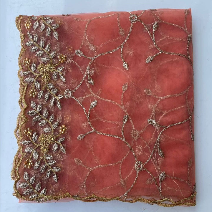 anokherang Dupattas Peach Green Shimmer Zari Embroided Net Dupatta
