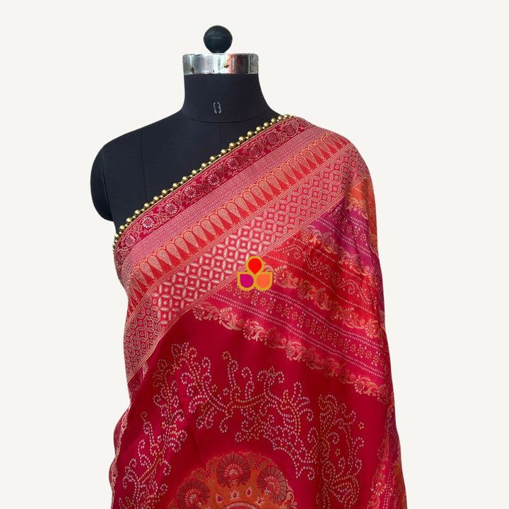 anokherang Dupattas Pink and Orange Multicolor Banarasi Bandhej Dupatta