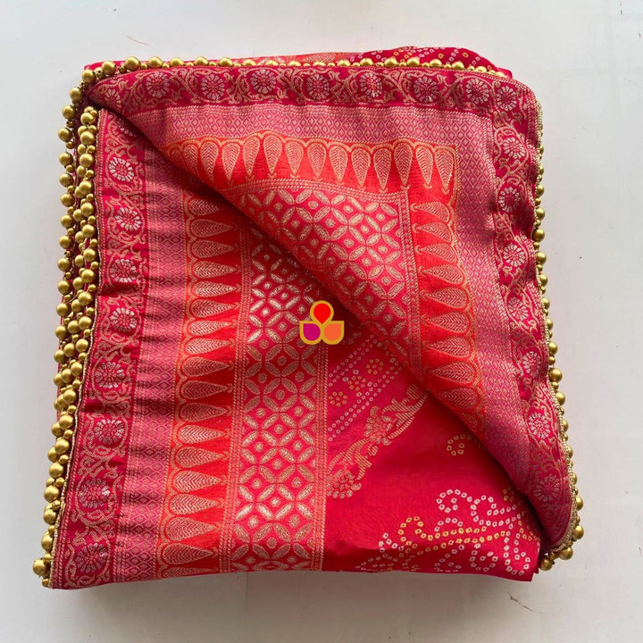 anokherang Dupattas Pink and Orange Multicolor Banarasi Bandhej Dupatta