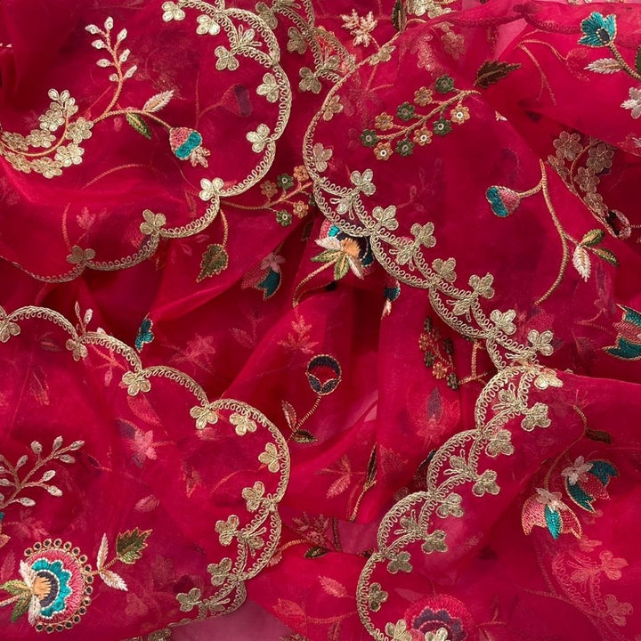 anokherang Dupattas Pink Floral Thread Embroidered Scalloped Organza Dupatta