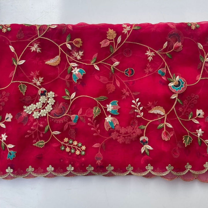 anokherang Dupattas Pink Floral Thread Embroidered Scalloped Organza Dupatta