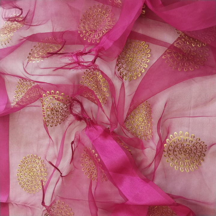 anokherang Dupattas Pink Gold Thread Embroidered Organza Dupatta