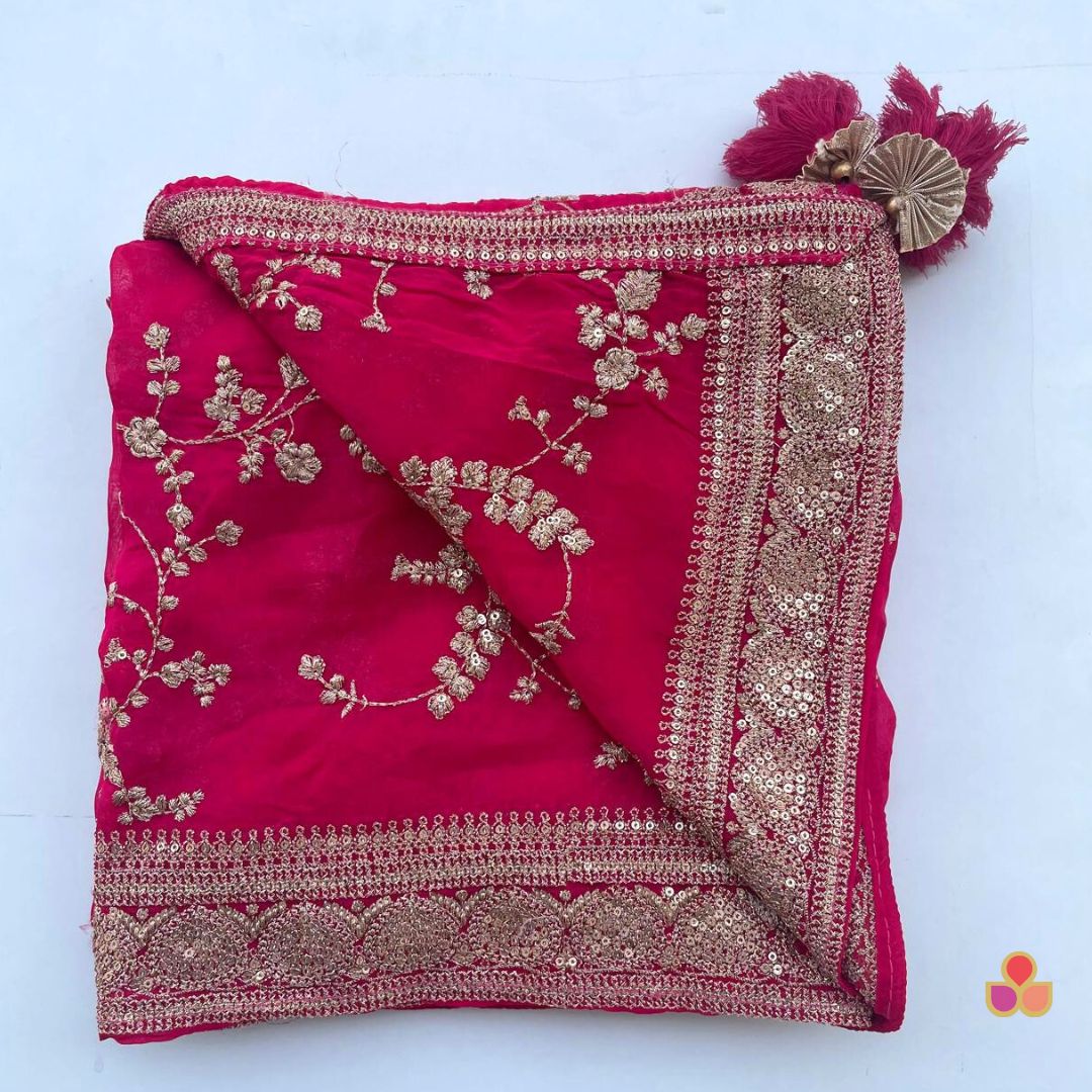 Pink Floral Zari Print Chiffon Dupatta