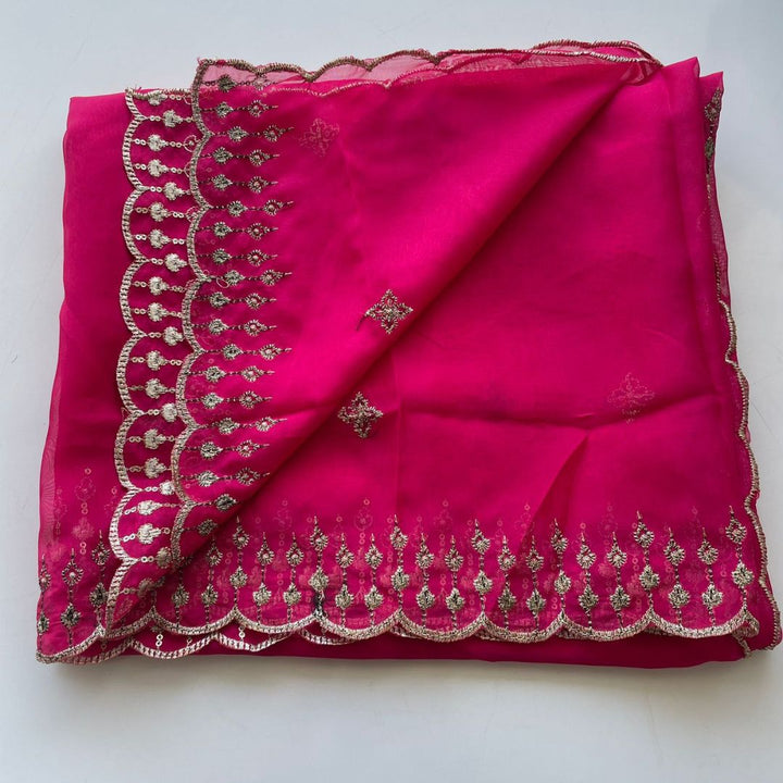 anokherang Dupattas Pink Sparkle Zari Scalloped Organza Dupatta