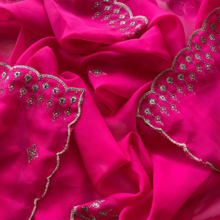 anokherang Dupattas Pink Sparkle Zari Scalloped Organza Dupatta