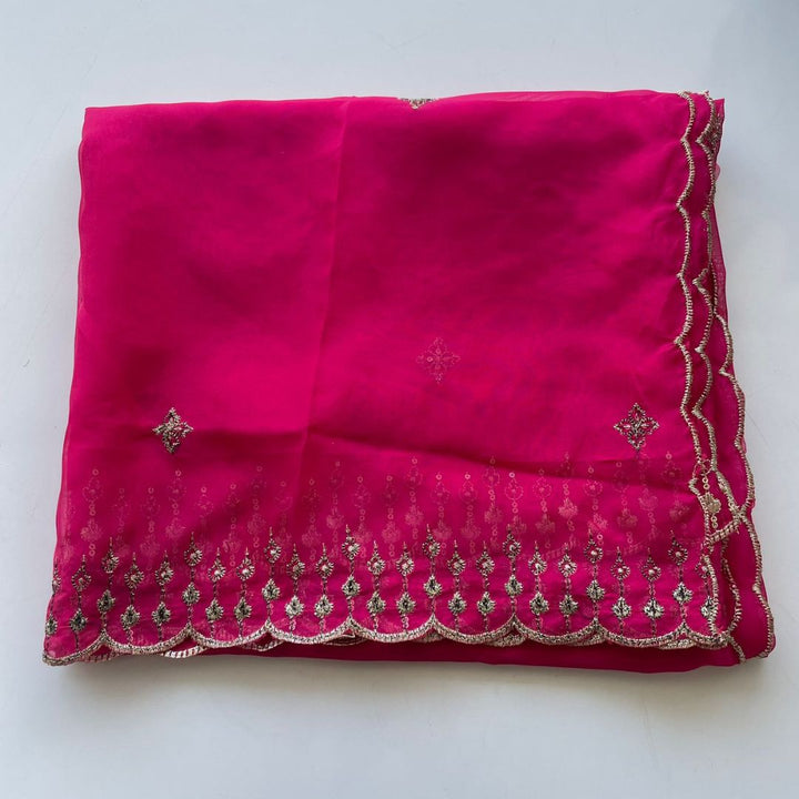 anokherang Dupattas Pink Sparkle Zari Scalloped Organza Dupatta