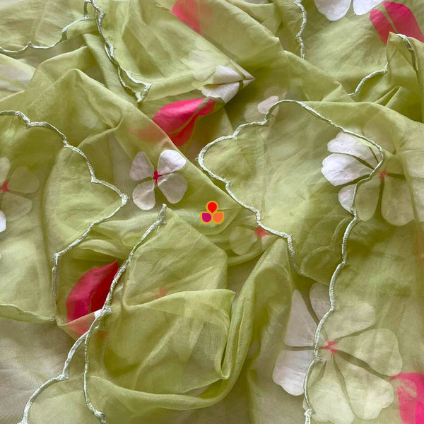 anokherang Dupattas Pista Green Floral Hand Painted Organza Dupatta