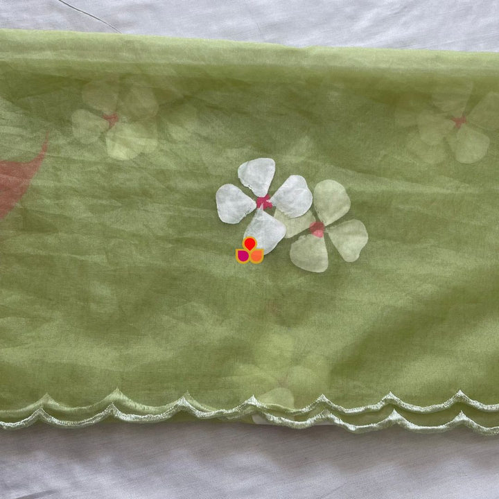 anokherang Dupattas Pista Green Floral Hand Painted Organza Dupatta