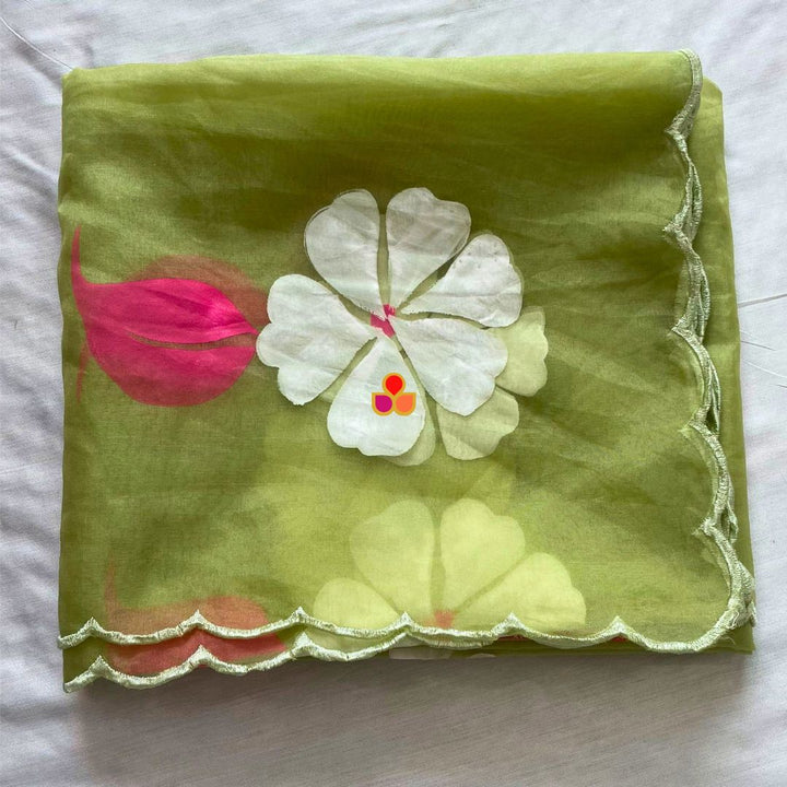 anokherang Dupattas Pista Green Floral Hand Painted Organza Dupatta