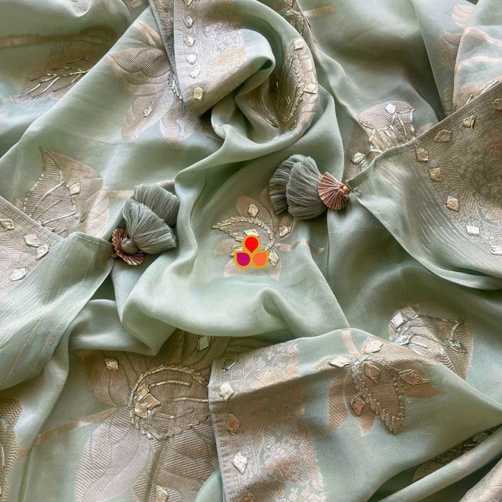 anokherang Dupattas Pista Green Royale Gota Zari Elegance Organza Dupatta