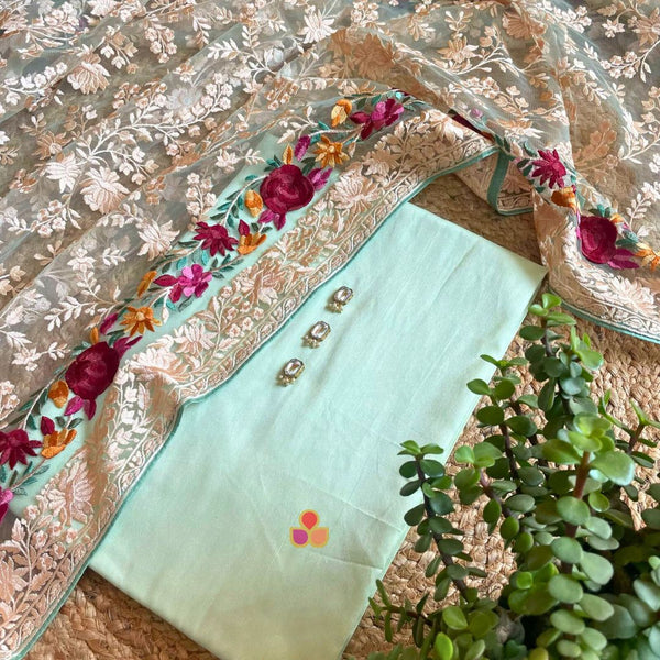 anokherang Dupattas Pista Green Silk Unstitched Suit with Net Dupatta
