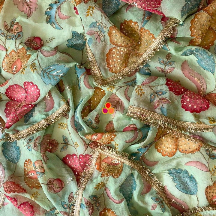 anokherang Dupattas Pista Phoolwari Multicolor Embroidered Organza Fringed Dupatta