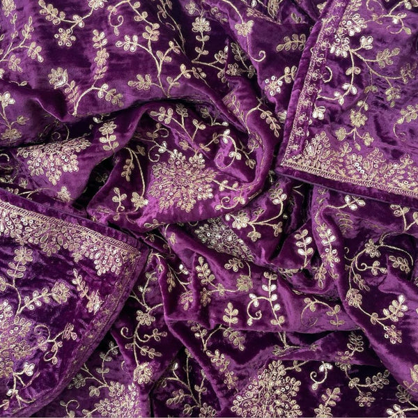 anokherang Dupattas Purple Floral Grace Zari Embroidered Velvet Dupatta
