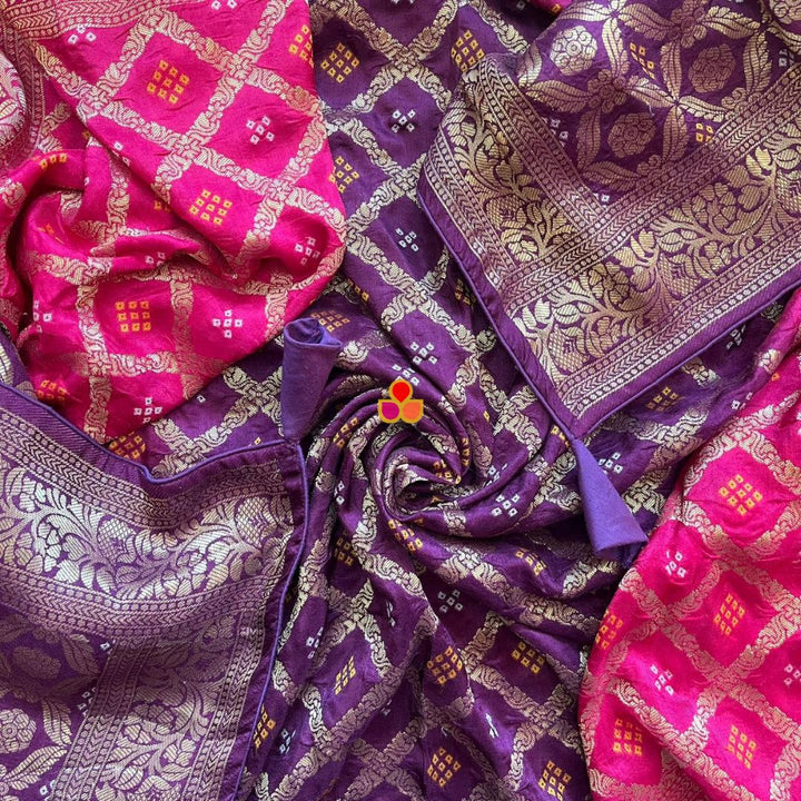 anokherang Dupattas Purple Pink Festive Banarasi Bandhej Dupatta