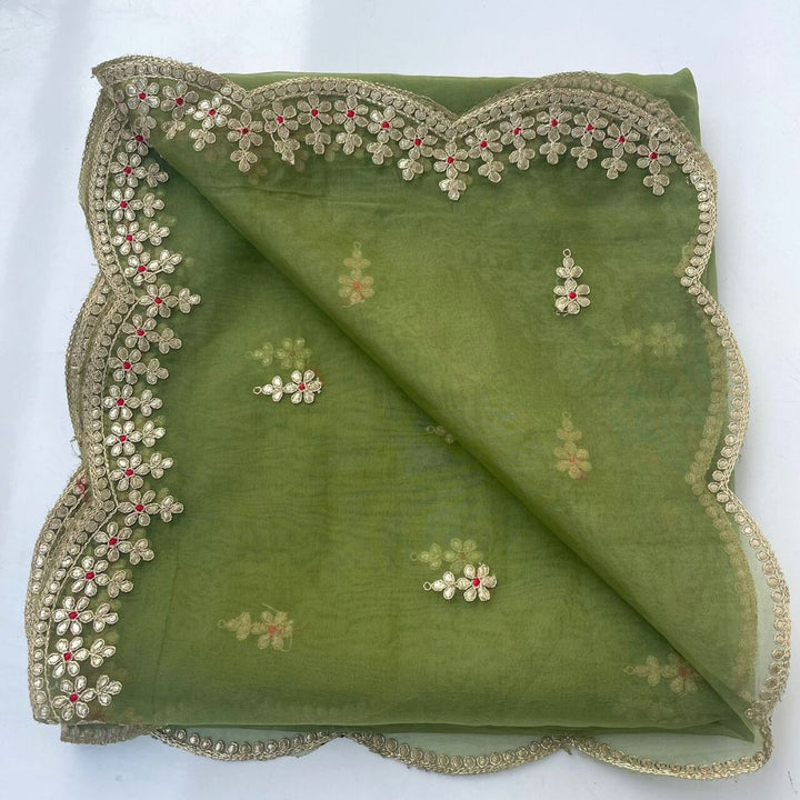 anokherang Dupattas Radiant Green Gotta Patti Organza Scalloped Dupatta