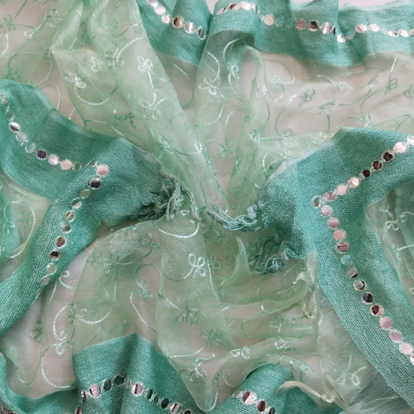 anokherang Dupattas Radiant Green Thread & Mirror work Embroidered Dupatta