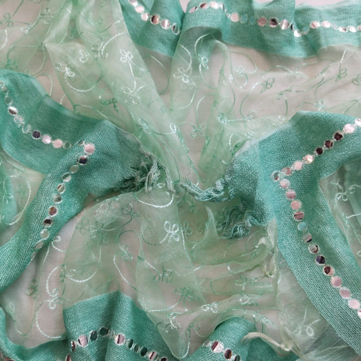anokherang Dupattas Radiant Green Thread & Mirror work Embroidered Dupatta