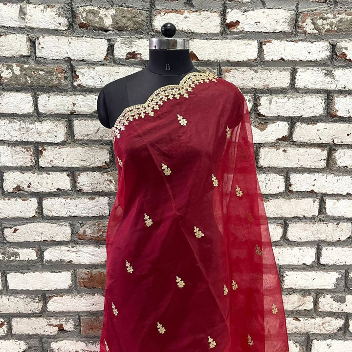 anokherang Dupattas Radiant Red Gotta Patti Organza Scalloped Dupatta