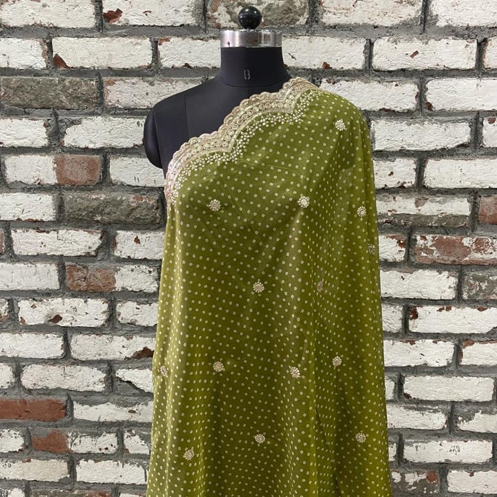 anokherang Dupattas Ravishing Green Embroidery Scalloped Bandhani Dupatta