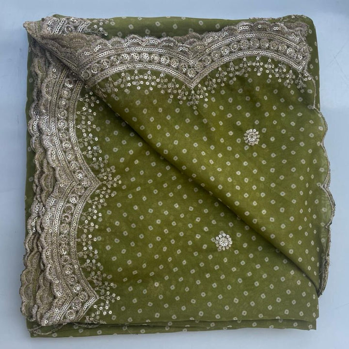 anokherang Dupattas Ravishing Green Embroidery Scalloped Bandhani Dupatta