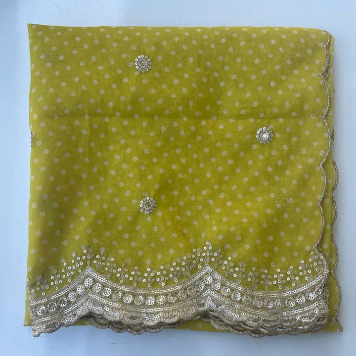 anokherang Dupattas Ravishing Lime Green Embroidered Scalloped Bandhani Dupatta