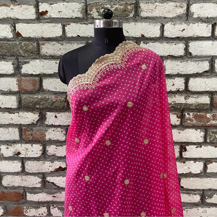 anokherang Dupattas Ravishing Pink Embroidered Scalloped Bandhani Dupatta