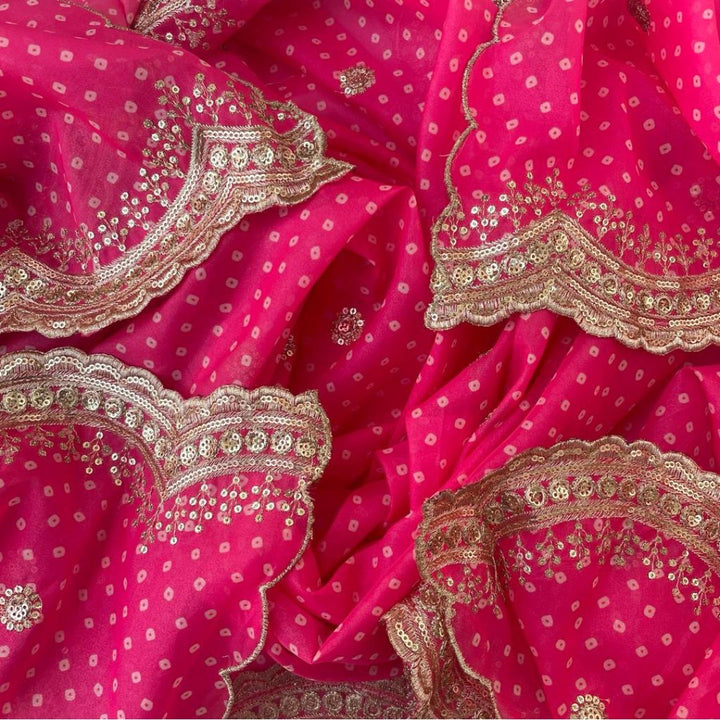 anokherang Dupattas Ravishing Pink Embroidered Scalloped Bandhani Dupatta