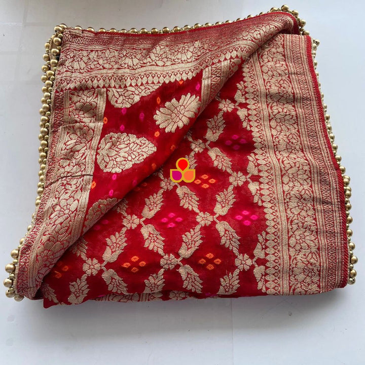anokherang Dupattas Red Bandhej Georgette Banarsi Dupatta