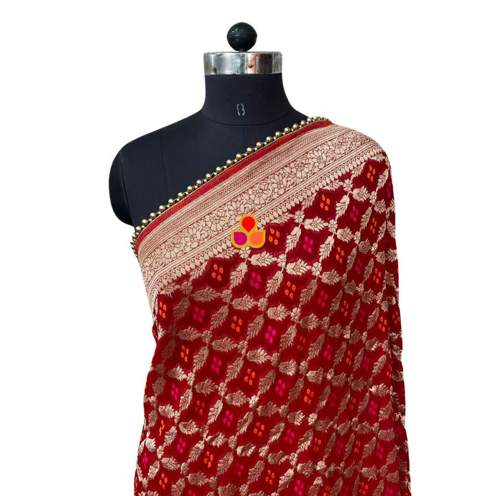 anokherang Dupattas Red Bandhej Georgette Banarsi Dupatta