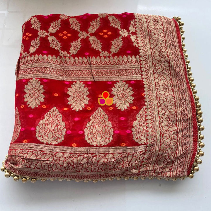anokherang Dupattas Red Bandhej Georgette Banarsi Dupatta