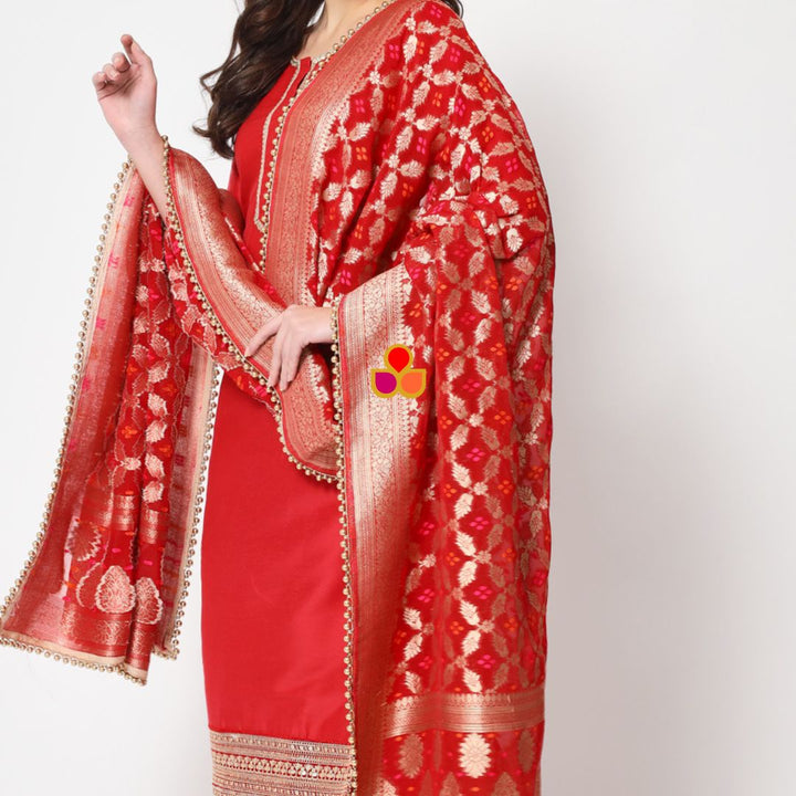 anokherang Dupattas Red Bandhej Georgette Banarsi Dupatta