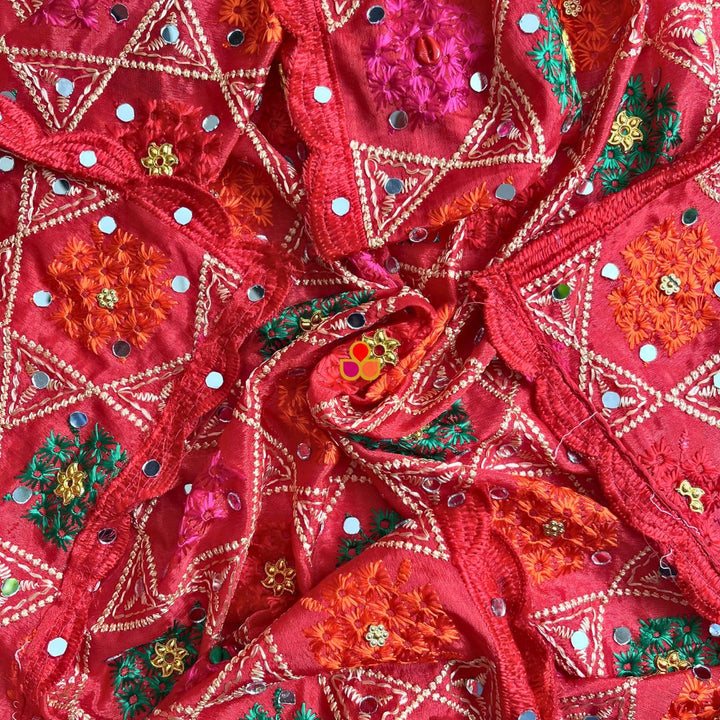 anokherang Dupattas Red Geometric Multicolor Mirror Embroidered Phulkari Chinon Dupatta