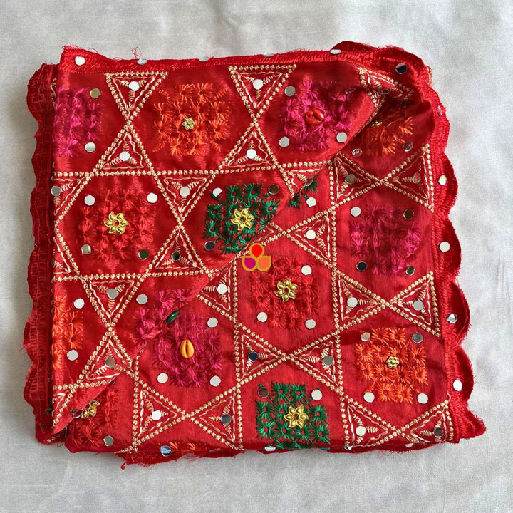 anokherang Dupattas Red Geometric Multicolor Mirror Embroidered Phulkari Chinon Dupatta