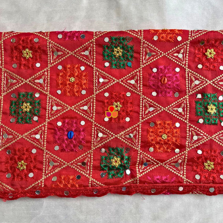 anokherang Dupattas Red Geometric Multicolor Mirror Embroidered Phulkari Chinon Dupatta