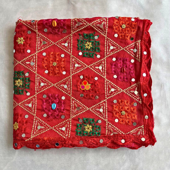 anokherang Dupattas Red Geometric Multicolor Mirror Embroidered Phulkari Chinon Dupatta