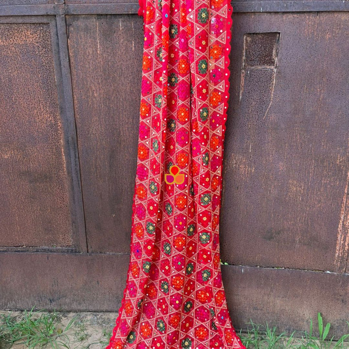 anokherang Dupattas Red Geometric Multicolor Mirror Embroidered Phulkari Chinon Dupatta
