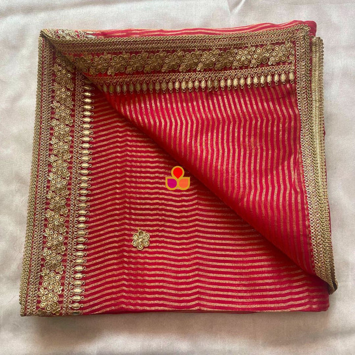 anokherang Dupattas Red & Gold Striped Organza Dupatta