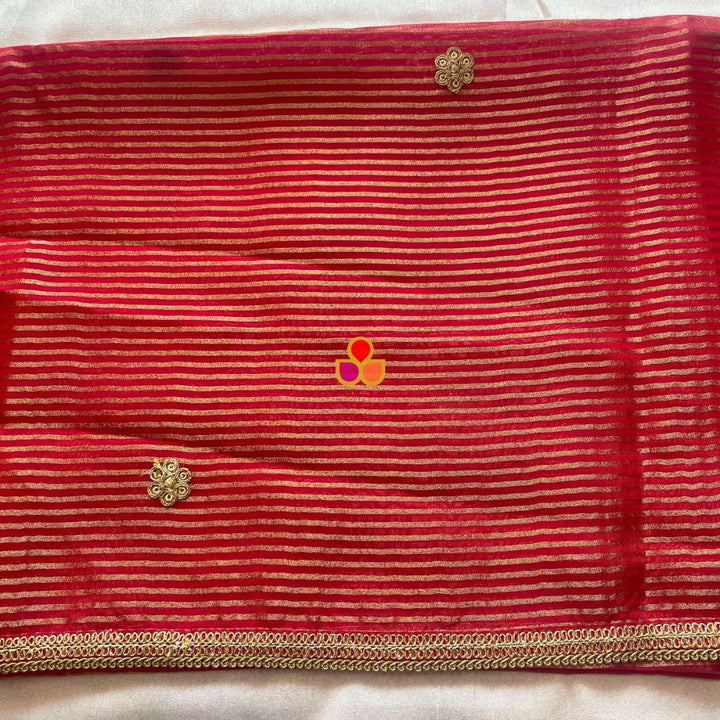 anokherang Dupattas Red & Gold Striped Organza Dupatta