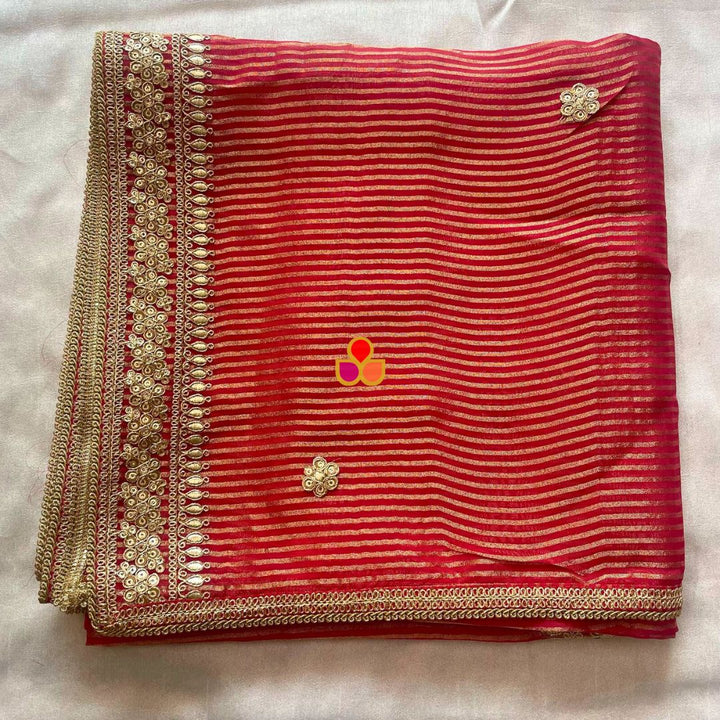 anokherang Dupattas Red & Gold Striped Organza Dupatta