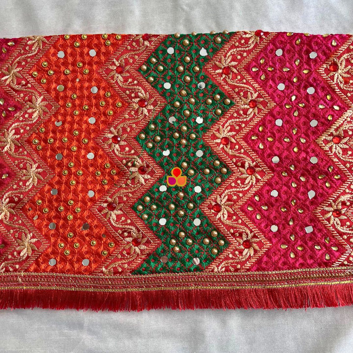 anokherang Dupattas Red Multicolor Mirror Embroidered Phulkari Chinon Dupatta