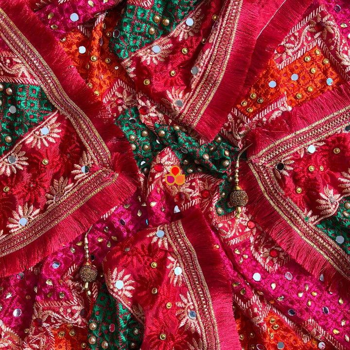 anokherang Dupattas Red Multicolor Mirror Embroidered Phulkari Chinon Dupatta