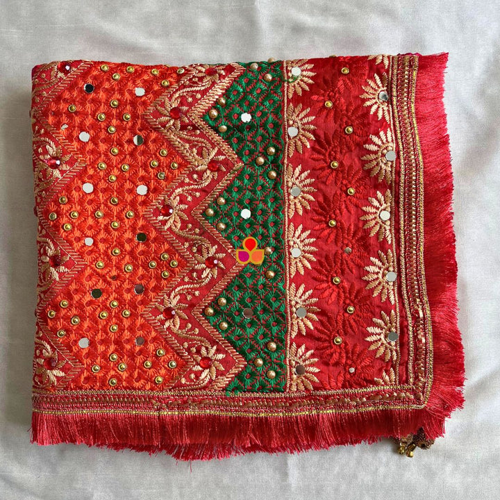 anokherang Dupattas Red Multicolor Mirror Embroidered Phulkari Chinon Dupatta