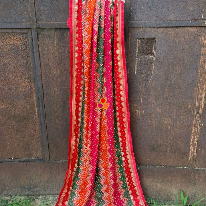 anokherang Dupattas Red Multicolor Mirror Embroidered Phulkari Chinon Dupatta