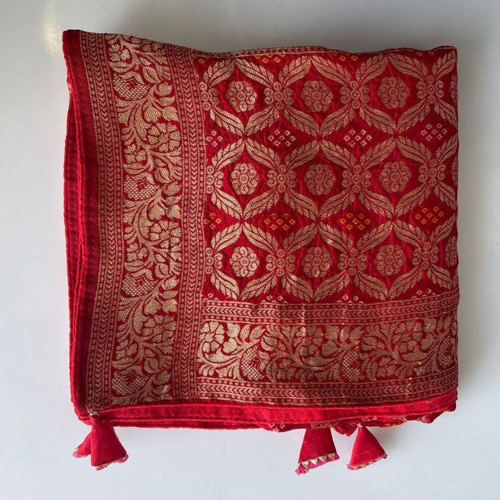 anokherang Dupattas Red Pink Festive Banarasi Bandhej Dupatta