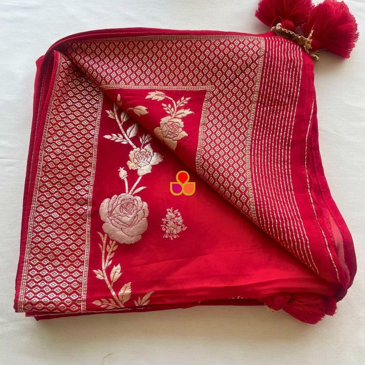 anokherang Dupattas Red Rose Regal Banarasi Zari Embroidered Organza Dupatta