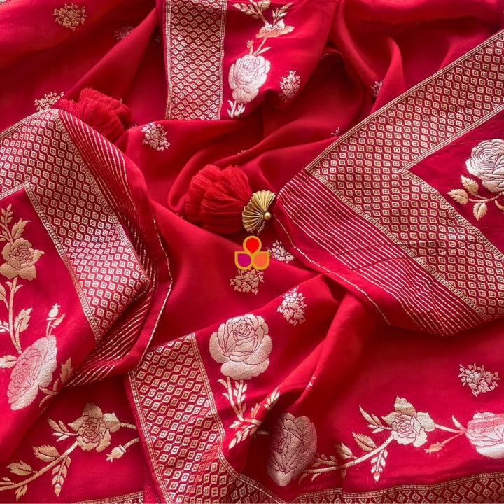 anokherang Dupattas Red Rose Regal Banarasi Zari Embroidered Organza Dupatta