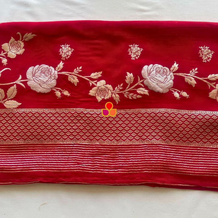 anokherang Dupattas Red Rose Regal Banarasi Zari Embroidered Organza Dupatta